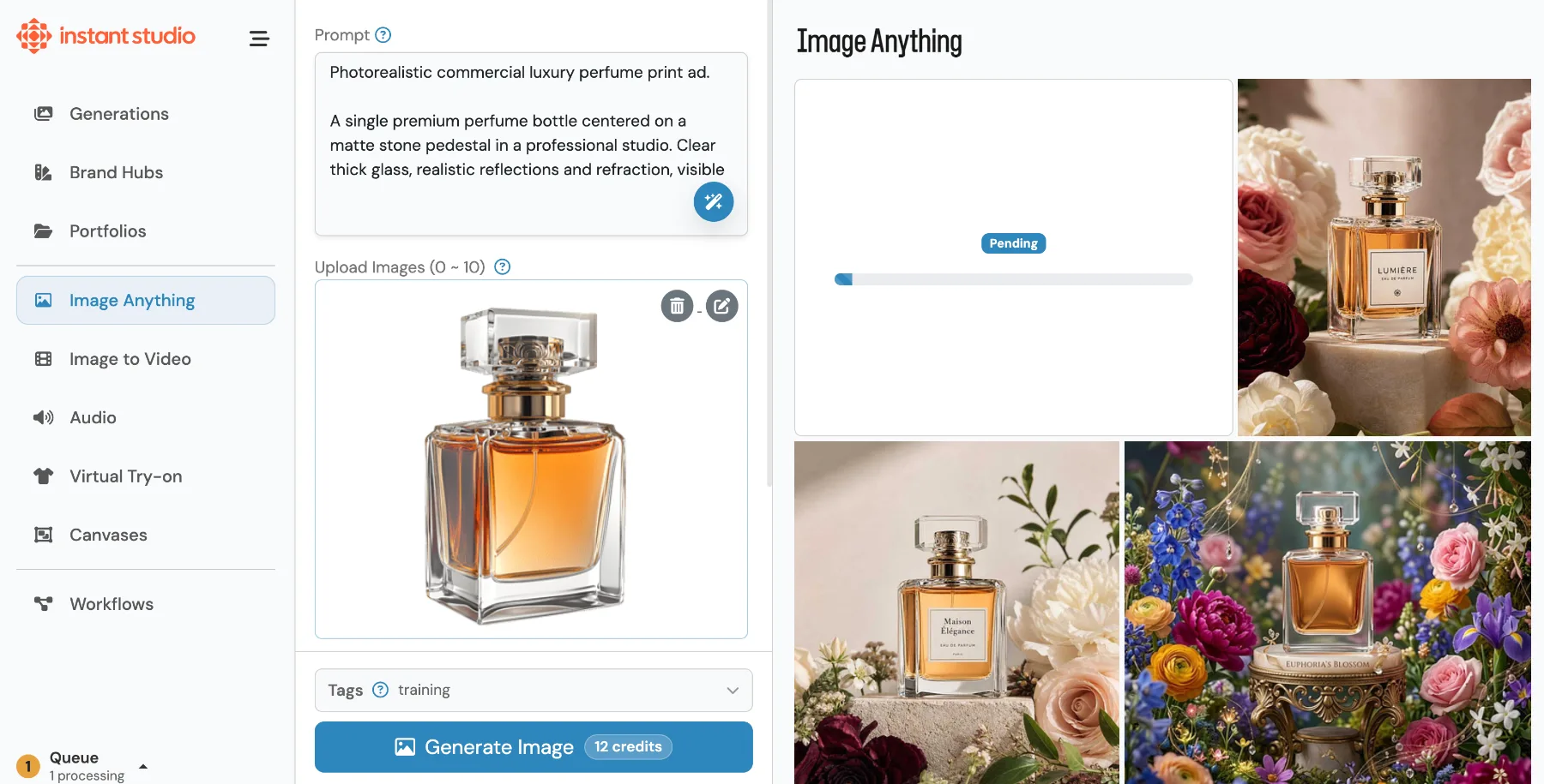 The ToolKit image tool generating a luxury perfume product photo